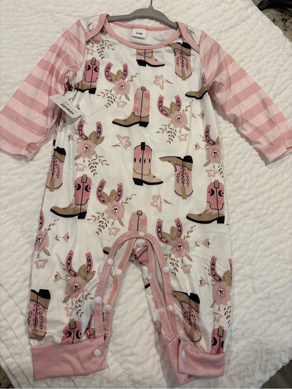 Baby Girls Pink Cowboy Boot Print One-Piece Romper